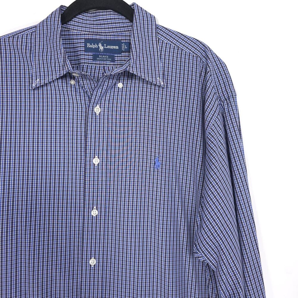 RALPH LAUREN Blake 100% Cotton Blue Plaid Long Sleeve Casual Business LARGE